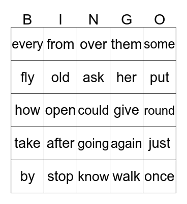 Sight Word  Bingo Card