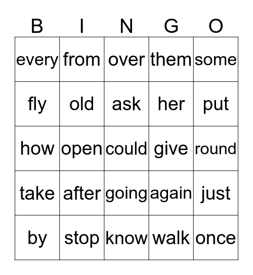 Sight Word  Bingo Card