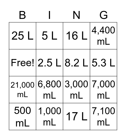 mL/L Bing Bingo Card