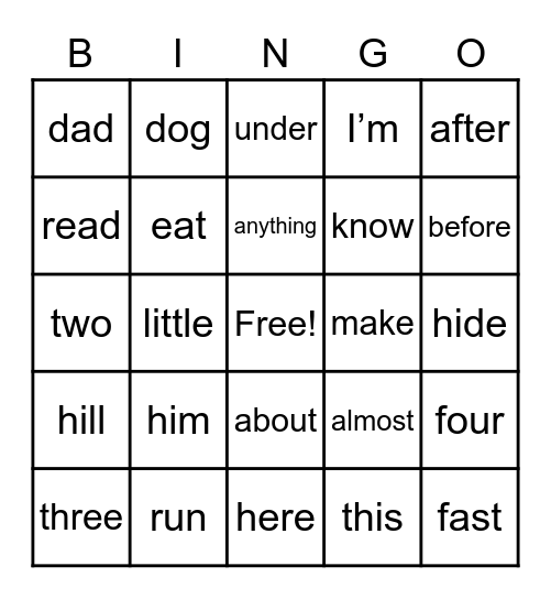 Sight Words Bingo Card