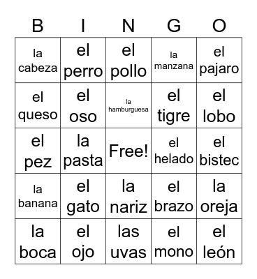 Vocabulario Bingo Card