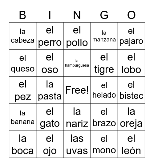 Vocabulario Bingo Card