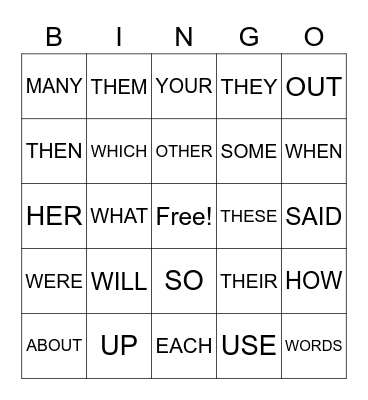 SIGHT WORDS Bingo Card