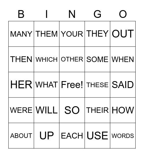 SIGHT WORDS Bingo Card