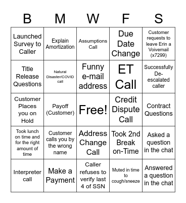 Customer Service Bingo Card