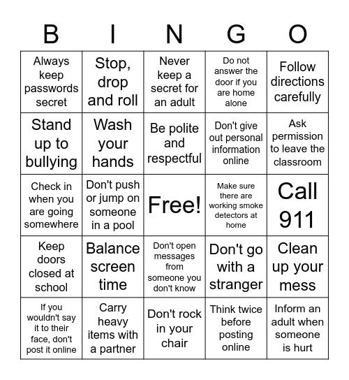 Safety BINGO Card