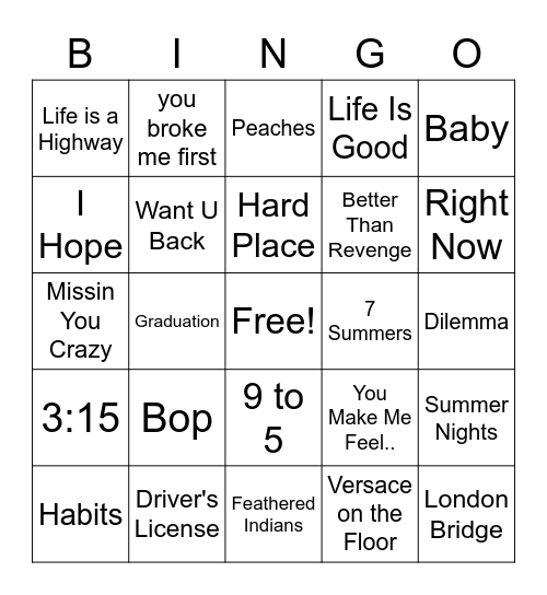 Musical Bingo Card
