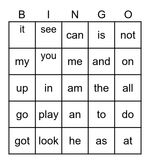 Sight Word Bingo Card