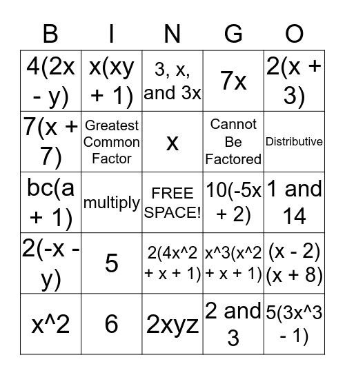 Factoring Common Monomials Gcf Bingo Card