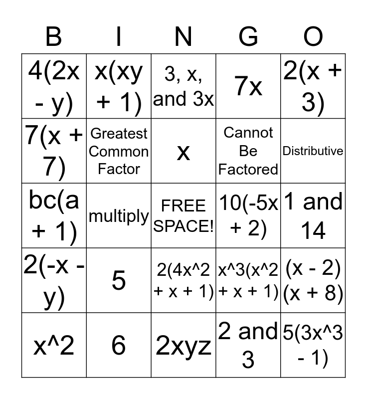 Factoring Common Monomials Gcf Bingo Card