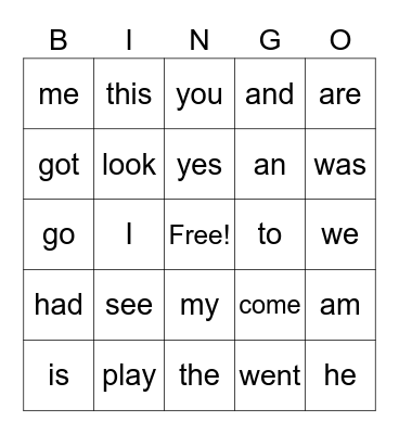 First Grade Sight Words Bingo Card