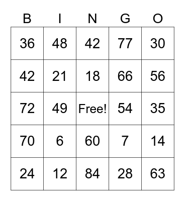 Multiplication 6 and 7 Bingo Card