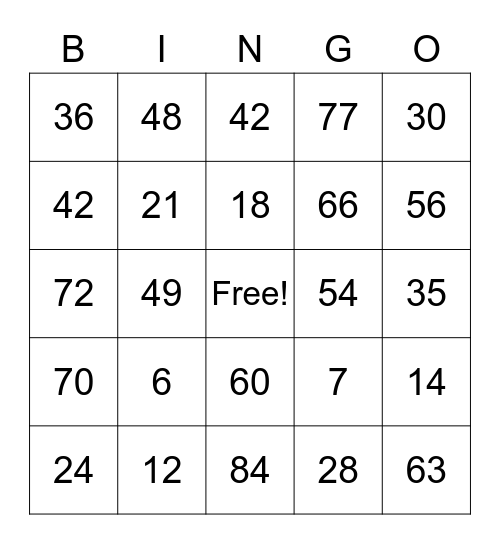 Multiplication 6 and 7 Bingo Card