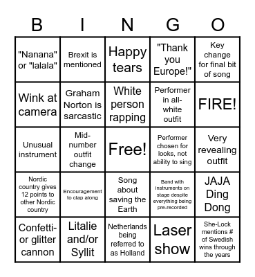 Eurovision 2021 Bingo Card