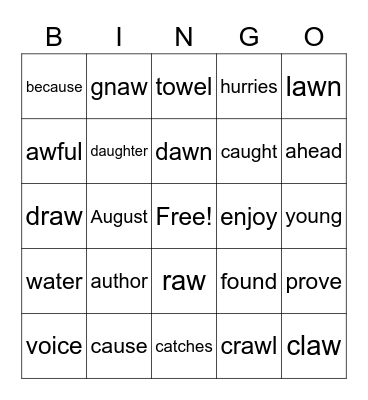 Au and AW Words Bingo Card