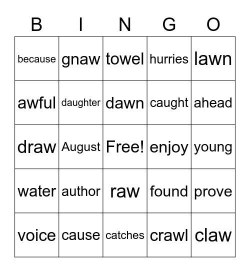 Au and AW Words Bingo Card