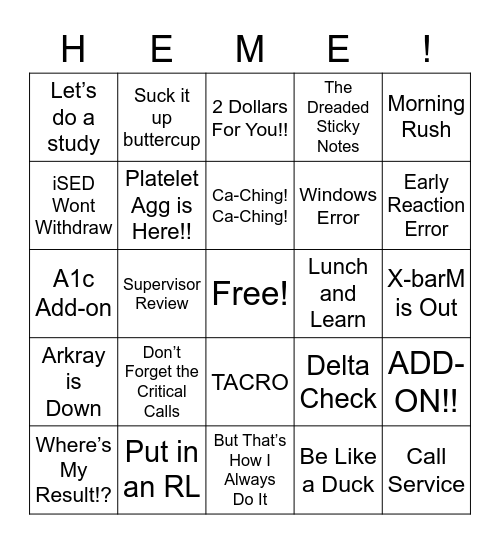Hematology Lab Bingo Card