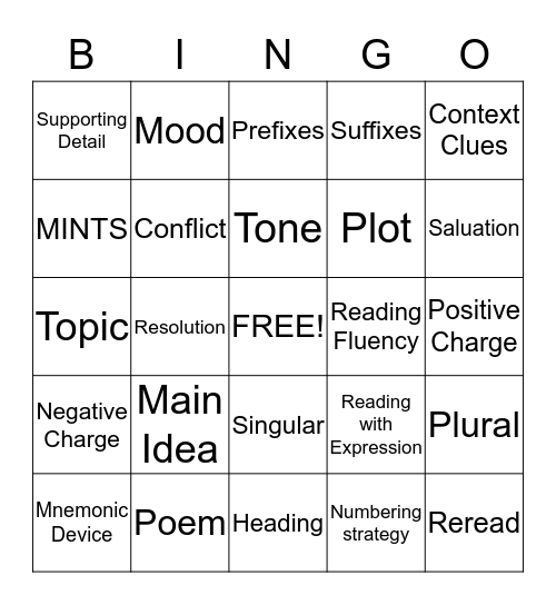 Reading Vocabulary Review Bingo Card