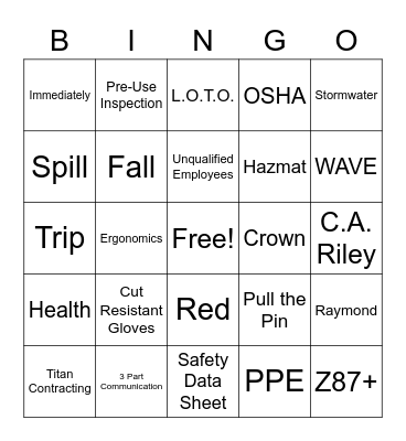 Safety Bingo Card