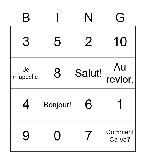 Nombres 0 - 10 Bingo Card