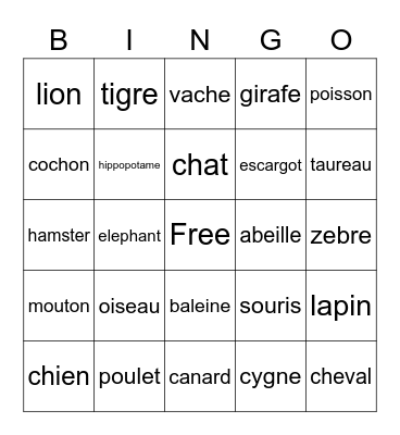 french animals Bingo Card