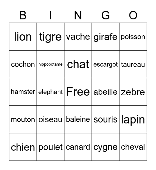 french animals Bingo Card