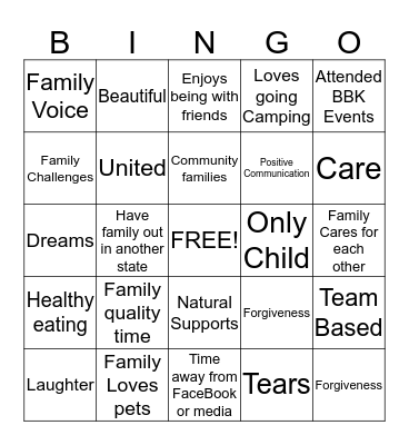Family Enrichment Night  Bingo Card