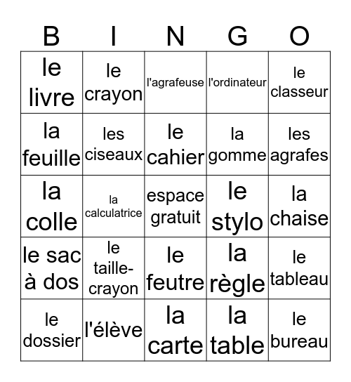 Le vocabulaire français Bingo Card
