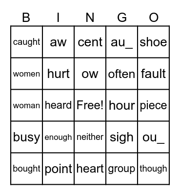 Sight Word Bingo Card