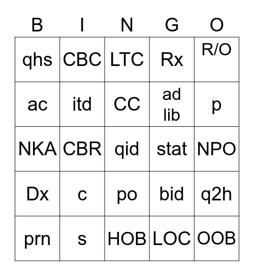 Medical Abbreviations Bingo Card
