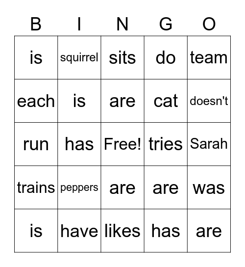 Subject-Verb Agreement Bingo Card