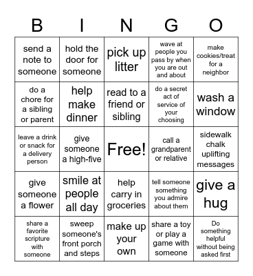 Acts of Kindness Bingo Card