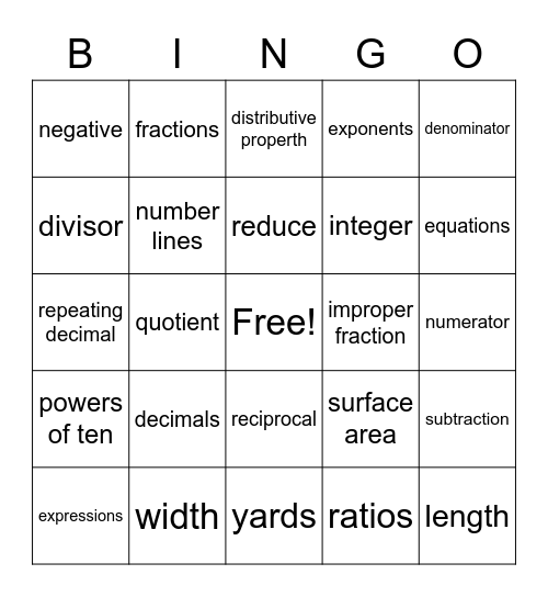 MATH VOCABULARY Bingo Card