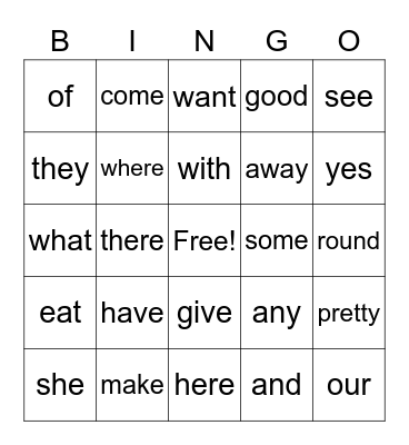 Sight Words Bingo Card