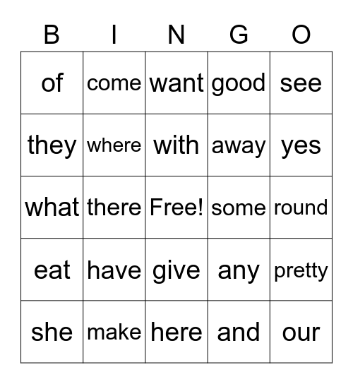 Sight Words Bingo Card