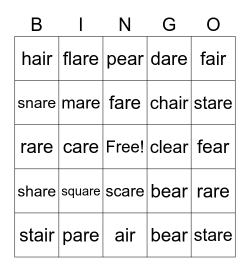 air, ear, are  Bingo Card