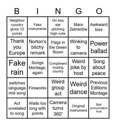 Eurovision 2021 Bingo Card