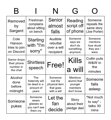 Delta Sig Wills and Wisdoms Bingo Card
