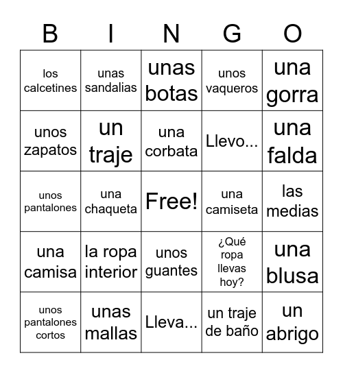 Español 1: La ropa Bingo Card