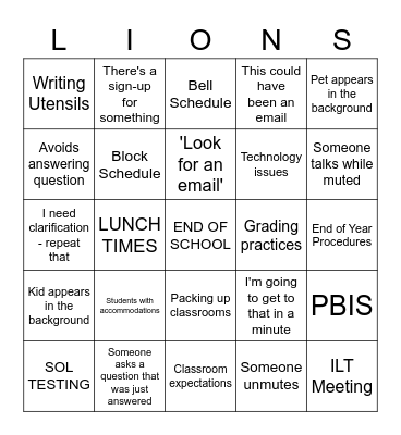 Staff Meeting Bingo Card