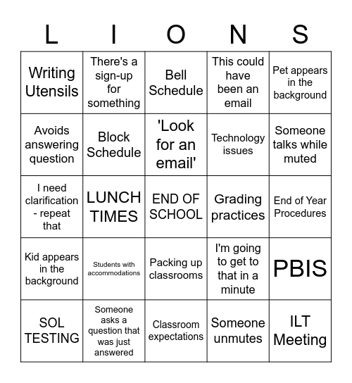 Staff Meeting Bingo Card