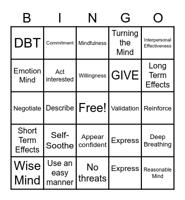 DBT Skills Bingo! Bingo Card