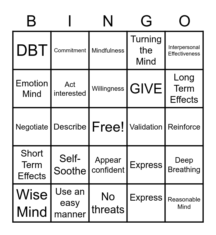 DBT Skills Bingo! Bingo Card