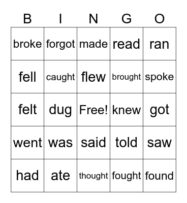 Irregular Verbs Bingo Card