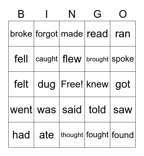 Irregular Verbs Bingo Card