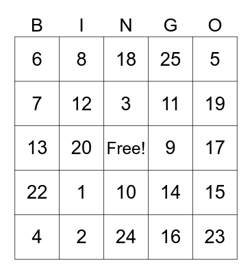 Number Bingo Card