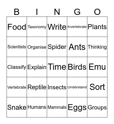 Classifying Animals Bingo Card