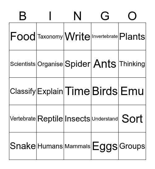 Classifying Animals Bingo Card