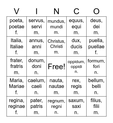 Nouns I & II D, First Form Latin Bingo Card