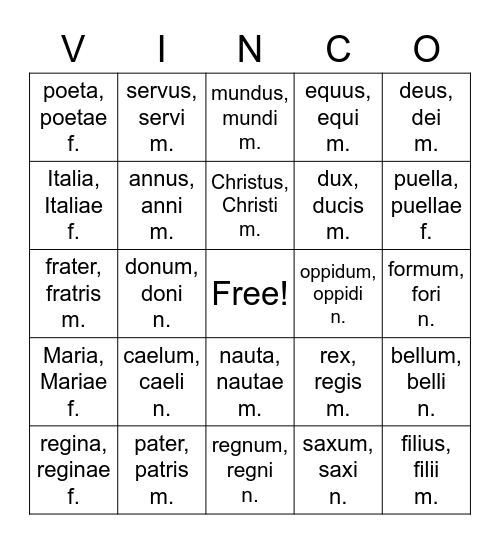 Nouns I & II D, First Form Latin Bingo Card